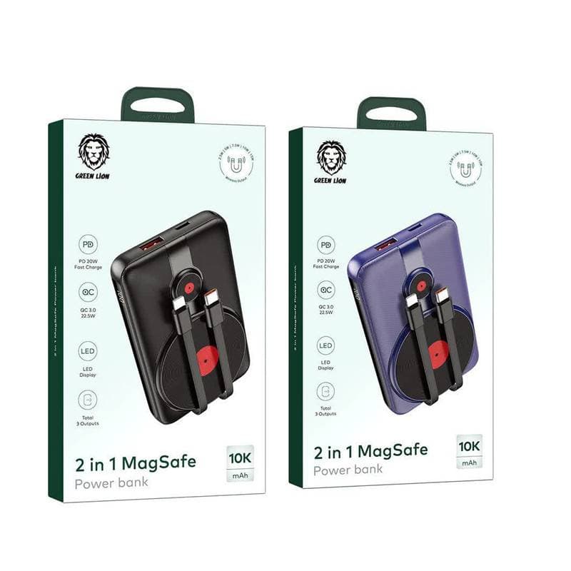 شارژر همراه گرین لاین مدل Magsafe PD 20W ظرفیت 10000 میلیآمپر ساعت با دو کابل سرخود - یزد موبایل